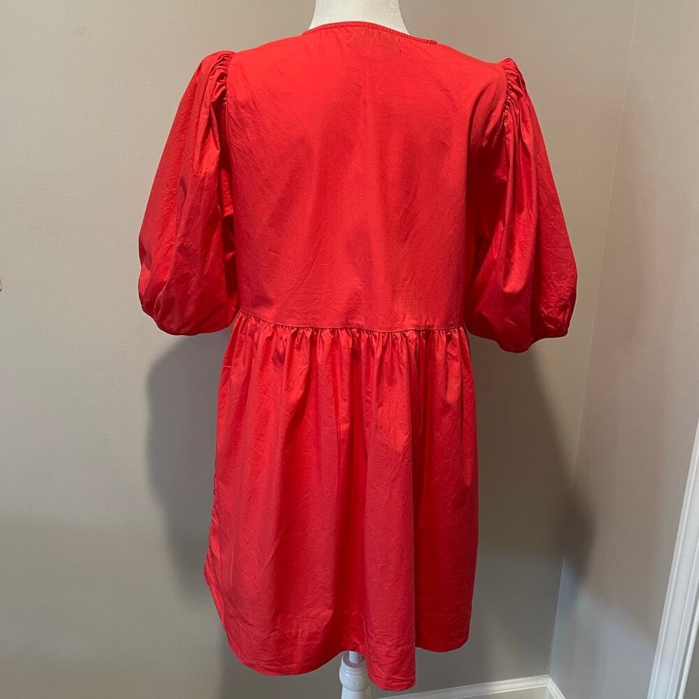 Band of the Free Babydoll Mini Dress Sz L Cotton Puff Sleeves Front Ties Red - Picture 2 of 10